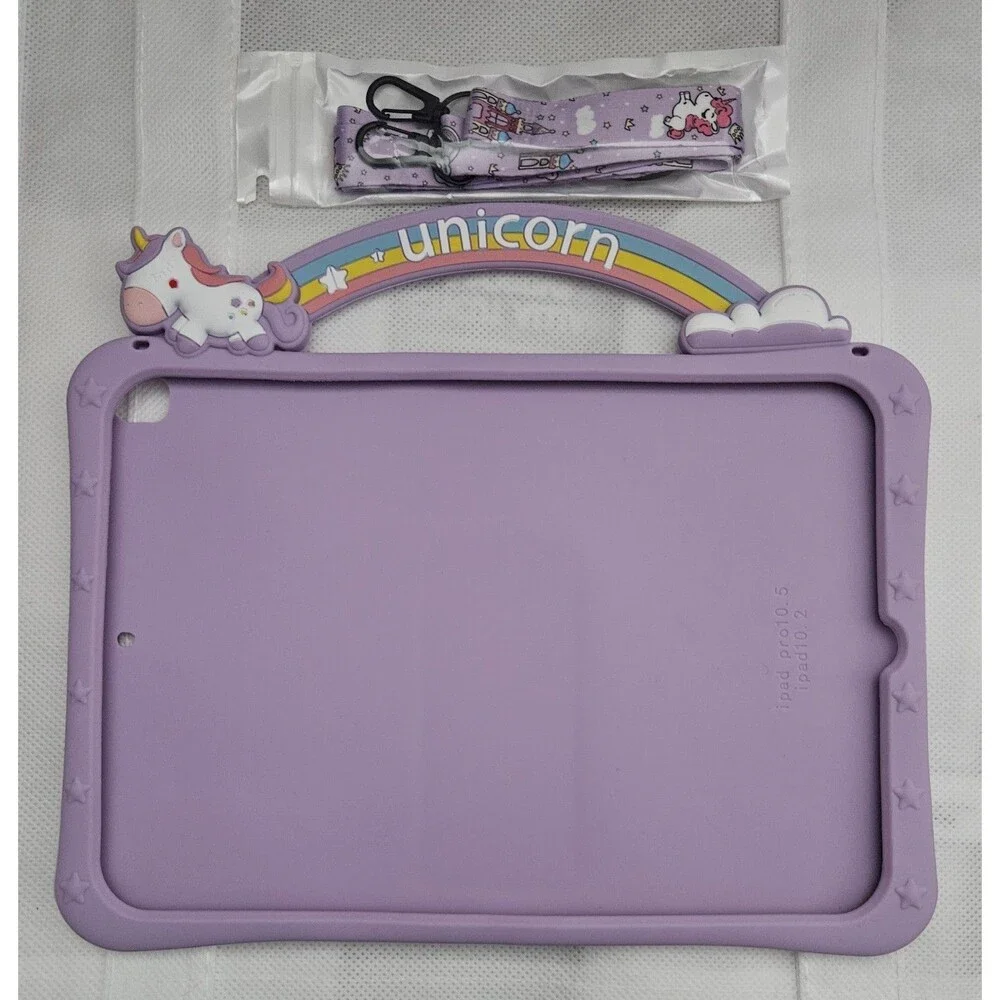 For Kids Tablets Size 10.2 & 10.5 Purple Unicorn Silicone Case w/ Shoulder Strap